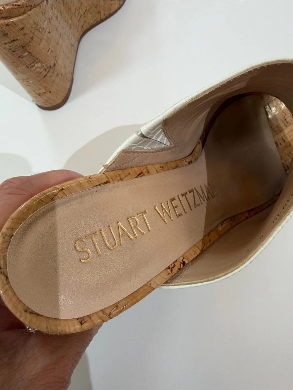 Stuart Weitzman High Heel Cork Wedge Slide Size 8 White Croc Embossed - Picture 6 of 9